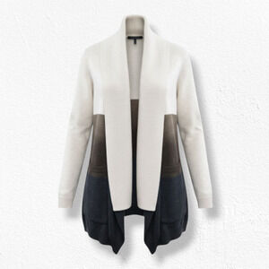 Tahari Brown Striped Wool Blend Open Front Cowl Neck Cardigan Sweater Size XL